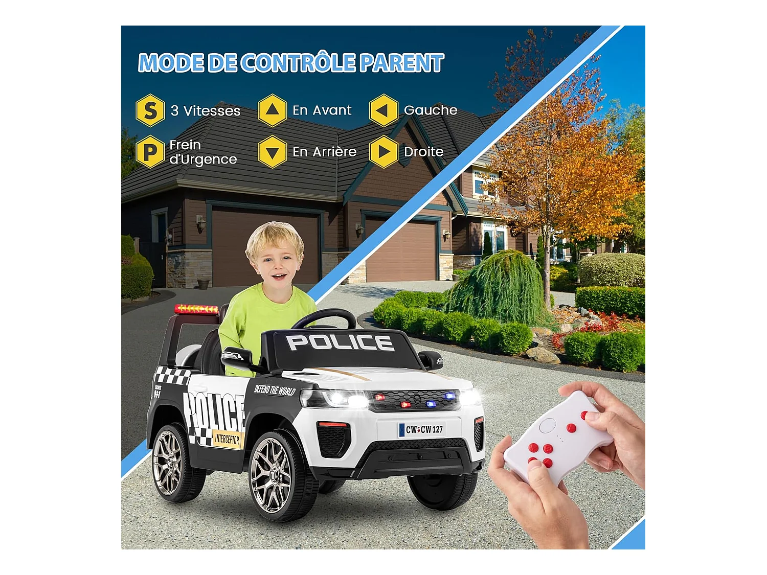12V elektrische kinderauto met 2.4G afstandsbediening, 4x4 elektrische politieauto voor kinderen met muziek en led-verlichting, laadvermogen 30 kg voor 3-8 jaar