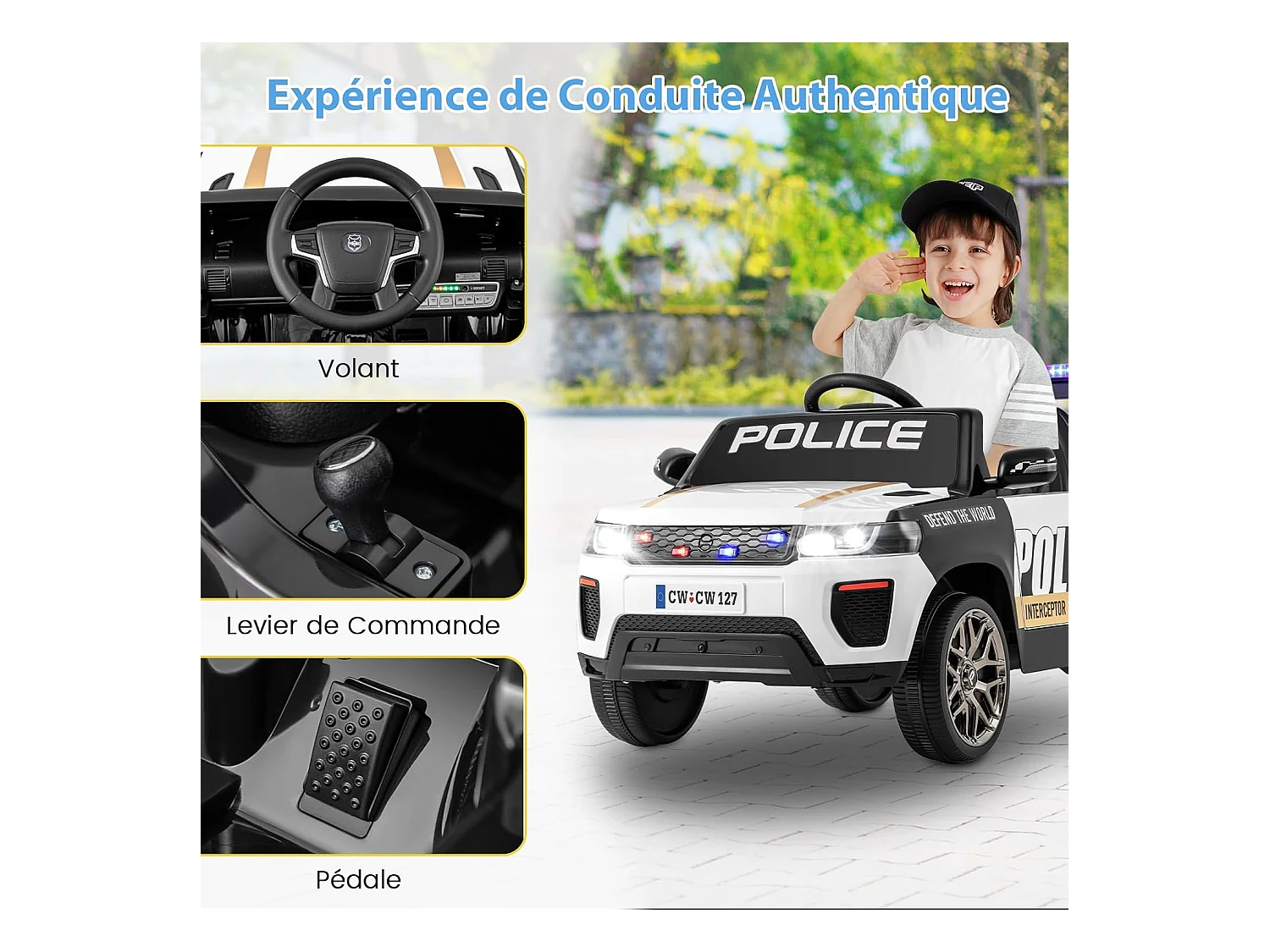12V elektrische kinderauto met 2.4G afstandsbediening, 4x4 elektrische politieauto voor kinderen met muziek en led-verlichting, laadvermogen 30 kg voor 3-8 jaar