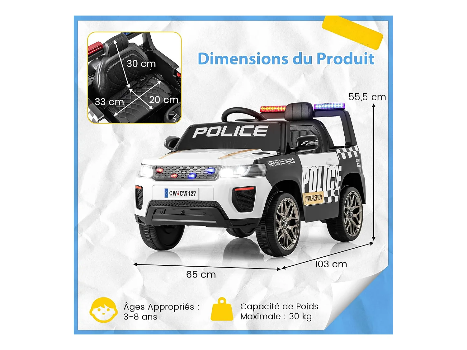 12V elektrische kinderauto met 2.4G afstandsbediening, 4x4 elektrische politieauto voor kinderen met muziek en led-verlichting, laadvermogen 30 kg voor 3-8 jaar