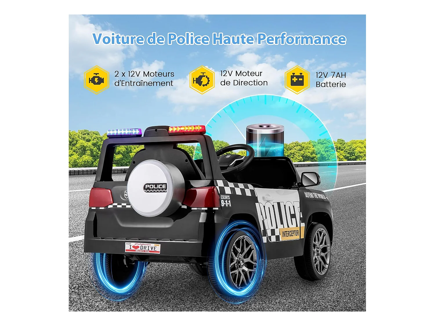 12V elektrische kinderauto met 2.4G afstandsbediening, 4x4 elektrische politieauto voor kinderen met muziek en led-verlichting, laadvermogen 30 kg voor 3-8 jaar