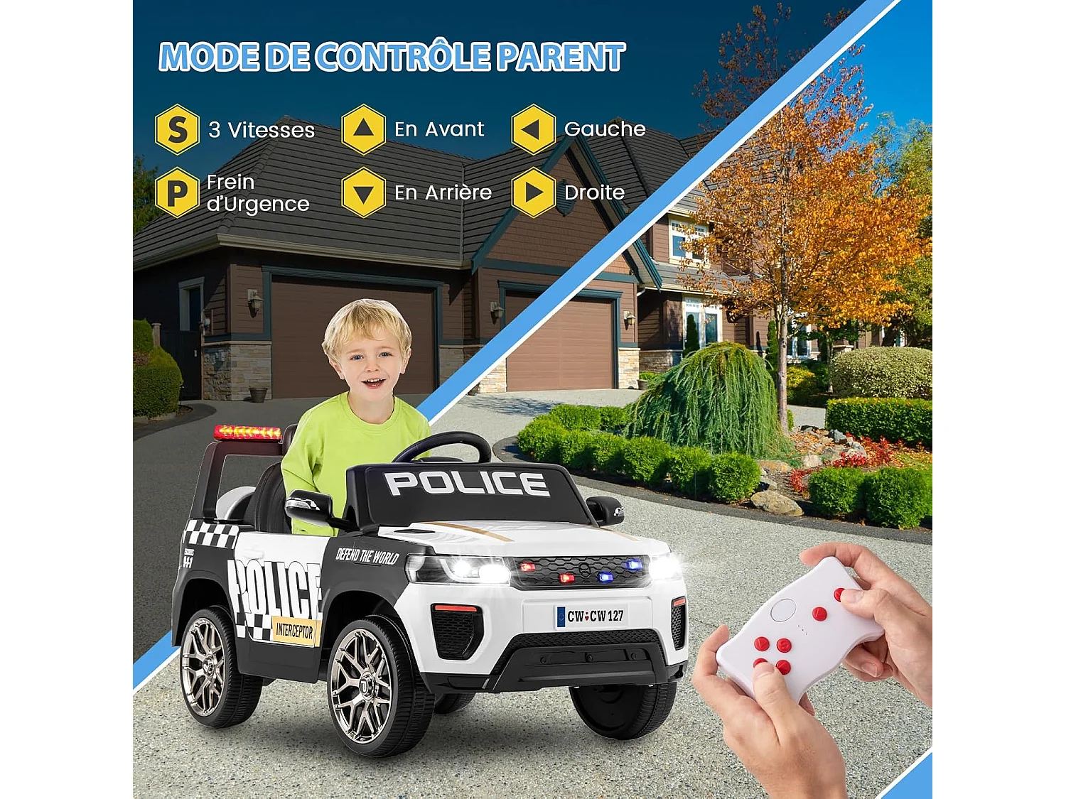 12V Voiture Électrique Enfant avec Télécommande 2,4G, Voiture 4x4 de Police Électrique Enfant avec Musique & Lumières LED, 3 Vitesses, Charge 30kg pour 3-8 Ans