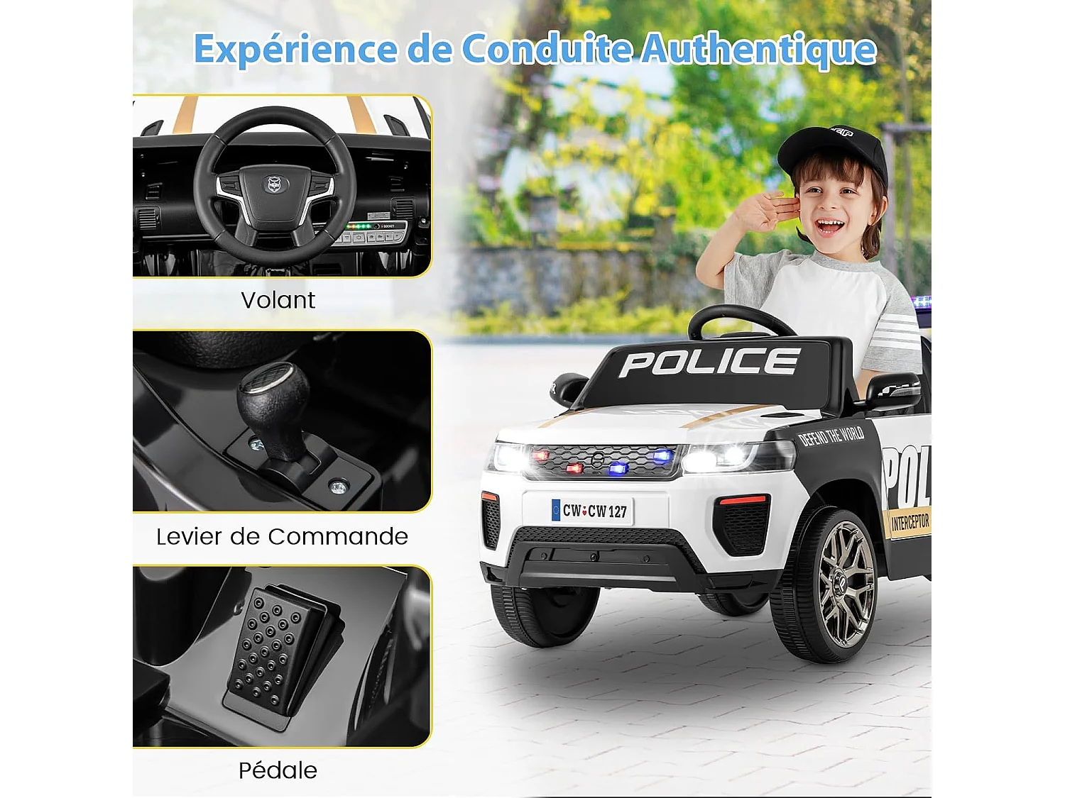 12V Voiture Électrique Enfant avec Télécommande 2,4G, Voiture 4x4 de Police Électrique Enfant avec Musique & Lumières LED, 3 Vitesses, Charge 30kg pour 3-8 Ans