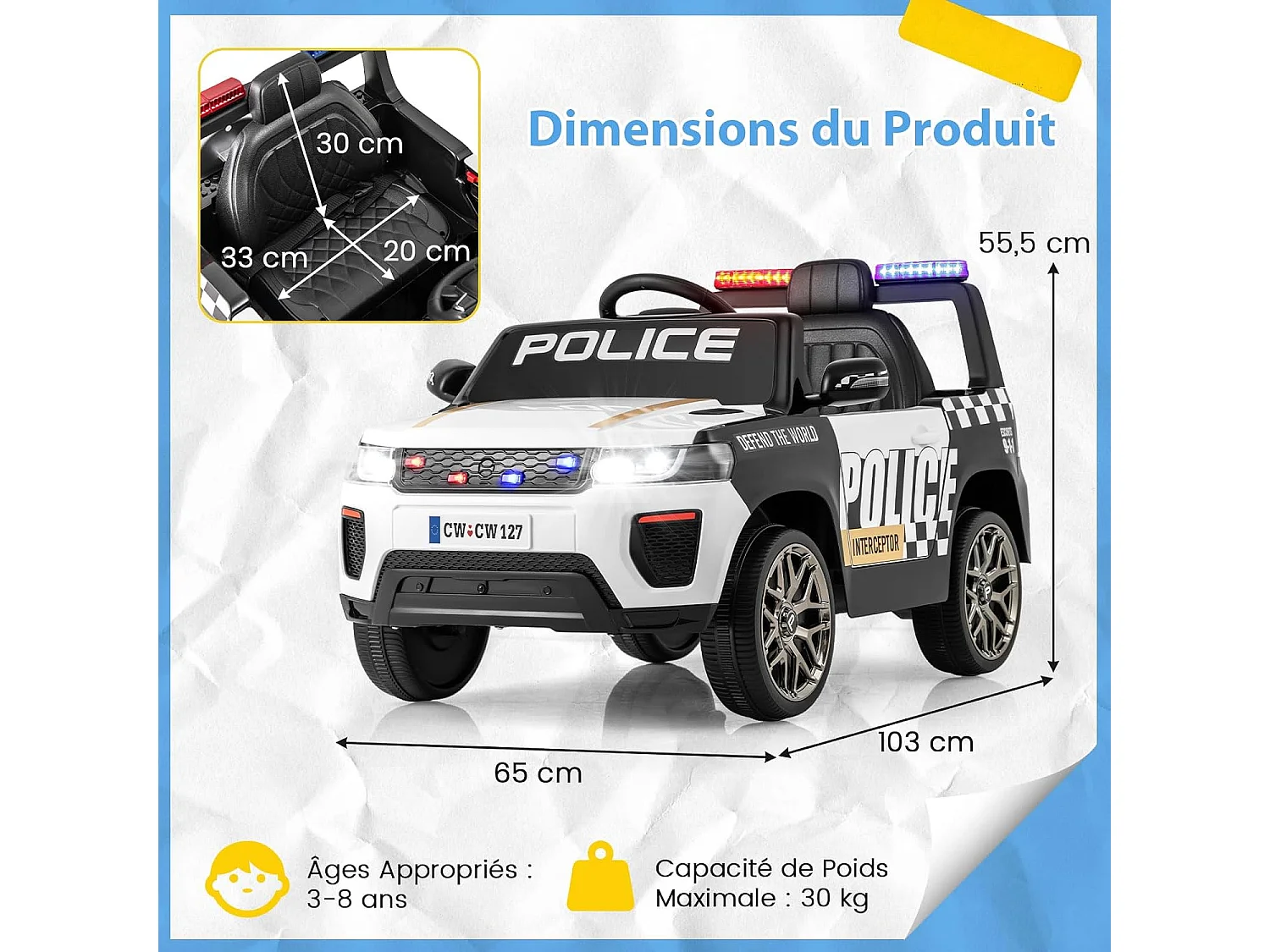 12V Voiture Électrique Enfant avec Télécommande 2,4G, Voiture 4x4 de Police Électrique Enfant avec Musique & Lumières LED, 3 Vitesses, Charge 30kg pour 3-8 Ans