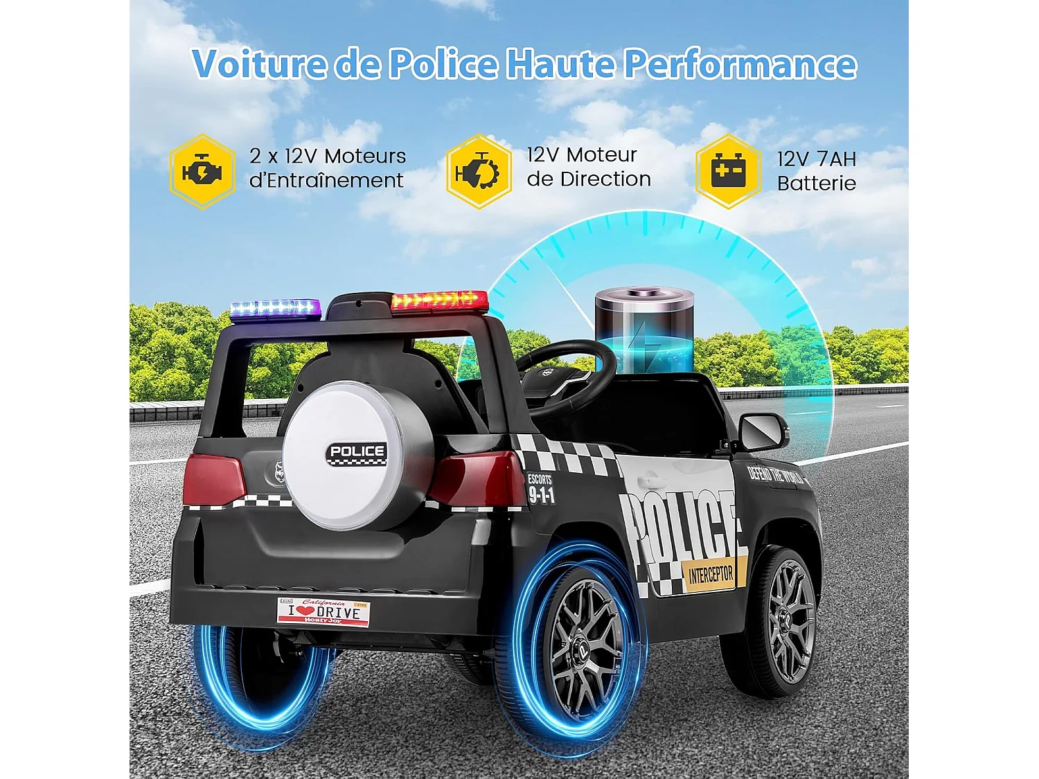 12V Voiture Électrique Enfant avec Télécommande 2,4G, Voiture 4x4 de Police Électrique Enfant avec Musique & Lumières LED, 3 Vitesses, Charge 30kg pour 3-8 Ans