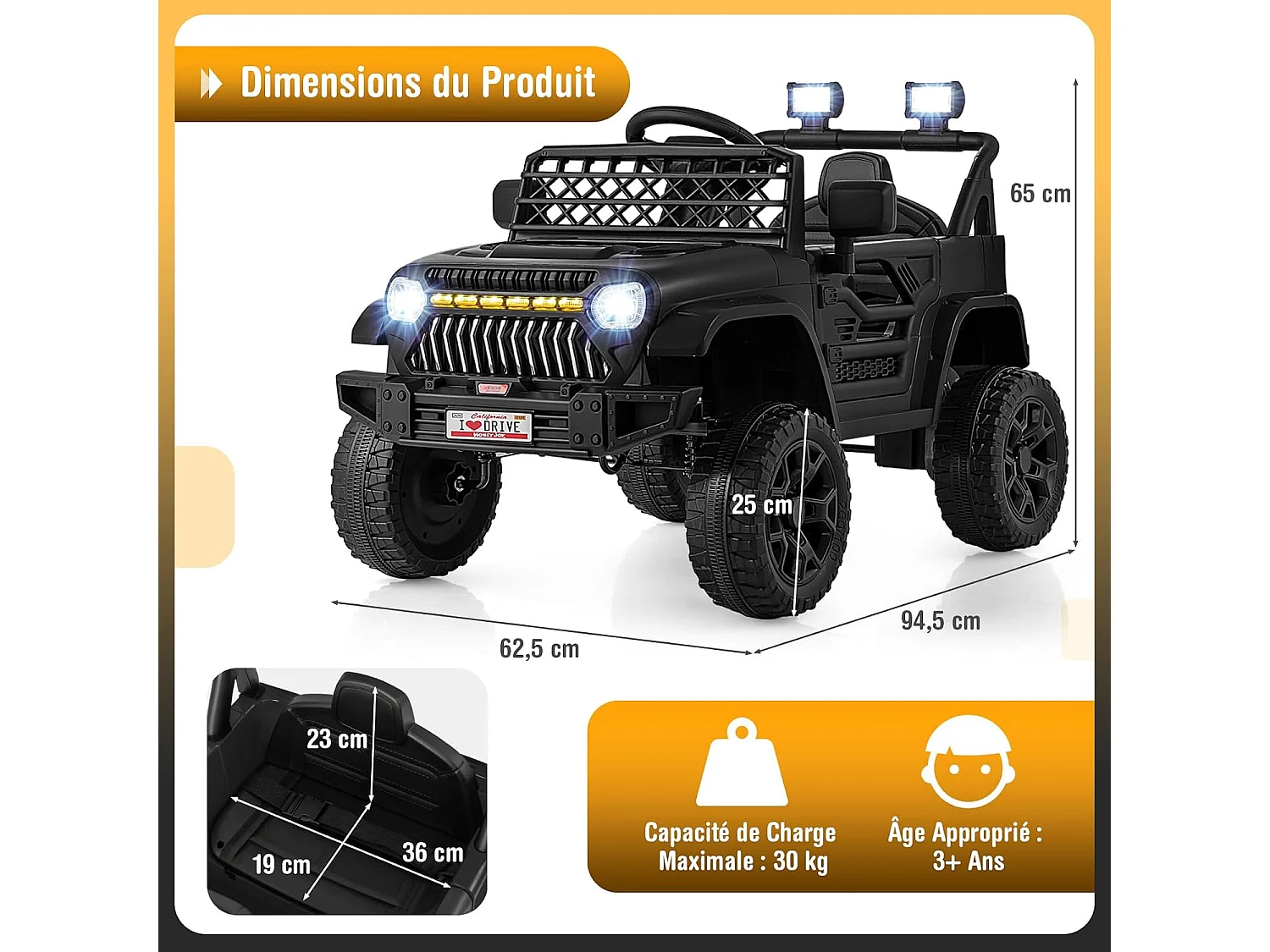 12V Voiture Électrique Enfant avec Télécommande 2,4G & Musique & Lumières LED, Véhicule Électrique avec Démarrage Lent, 2,5-4km/h, Charge 30kg pour 3 Ans+ (Noir)