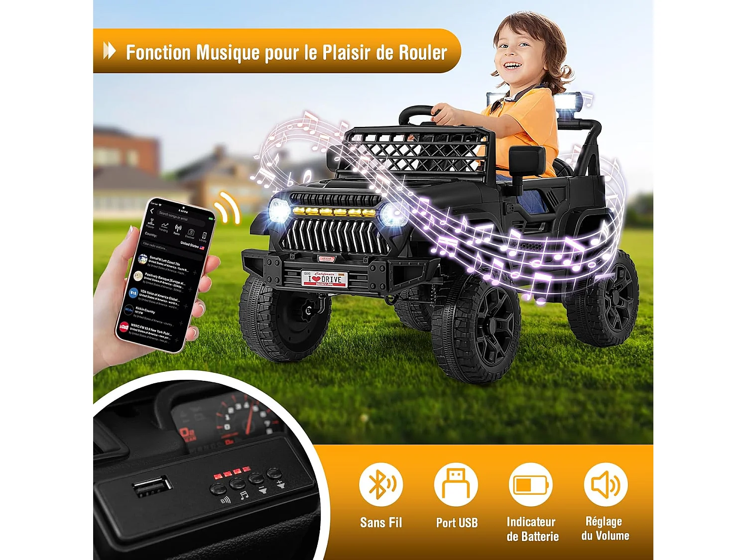 12V Voiture Électrique Enfant avec Télécommande 2,4G & Musique & Lumières LED, Véhicule Électrique avec Démarrage Lent, 2,5-4km/h, Charge 30kg pour 3 Ans+ (Noir)
