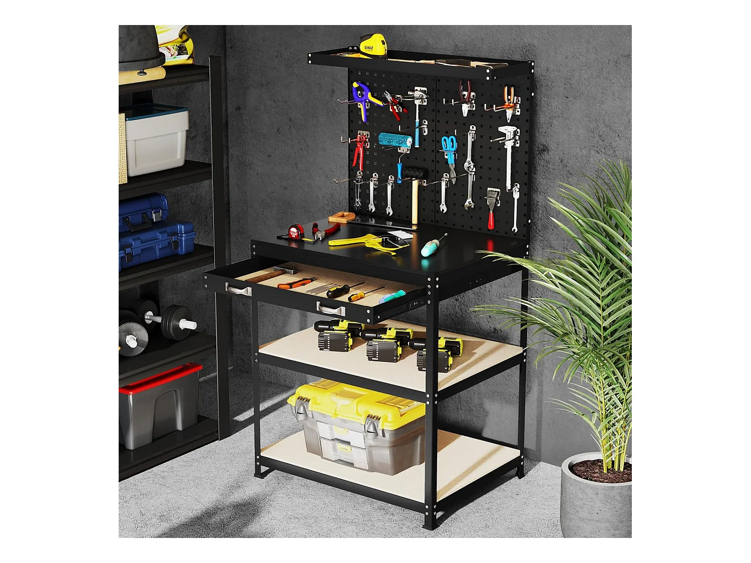 Établi Atelier Garage avec Étagères et Tiroirs 2 Panneaux Perforés, Table de Travail Cadre en Métal avec 20 Crochets de Suspension, 81 x 41 x 156 cm (Noir)