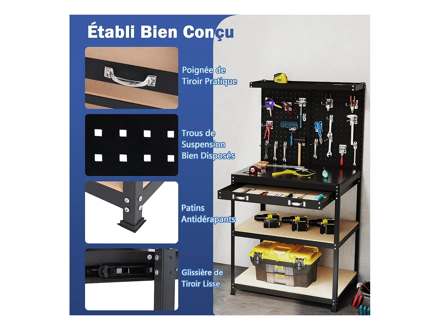 Établi Atelier Garage avec Étagères et Tiroirs 2 Panneaux Perforés, Table de Travail Cadre en Métal avec 20 Crochets de Suspension, 81 x 41 x 156 cm (Noir)
