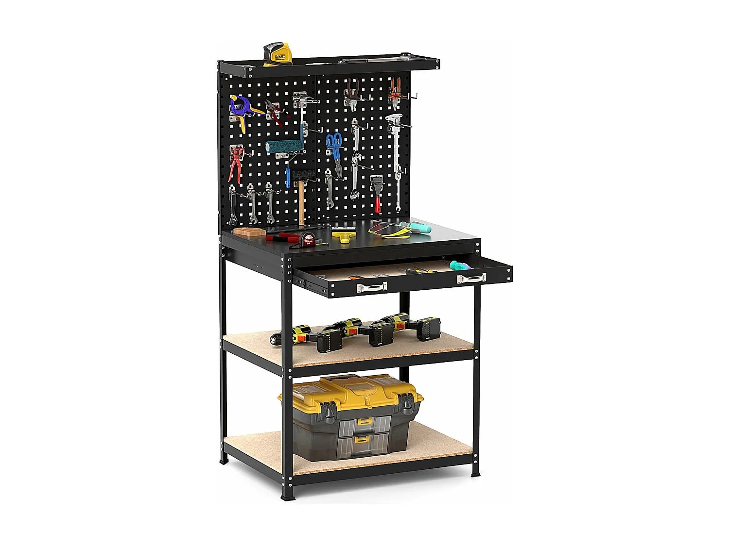 Werkbank voor garagewerkplaats met planken en lades, 2 prikborden, metalen frame, werktafel met 20 ophanghaken, 81 x 41 x 156 cm (zwart)