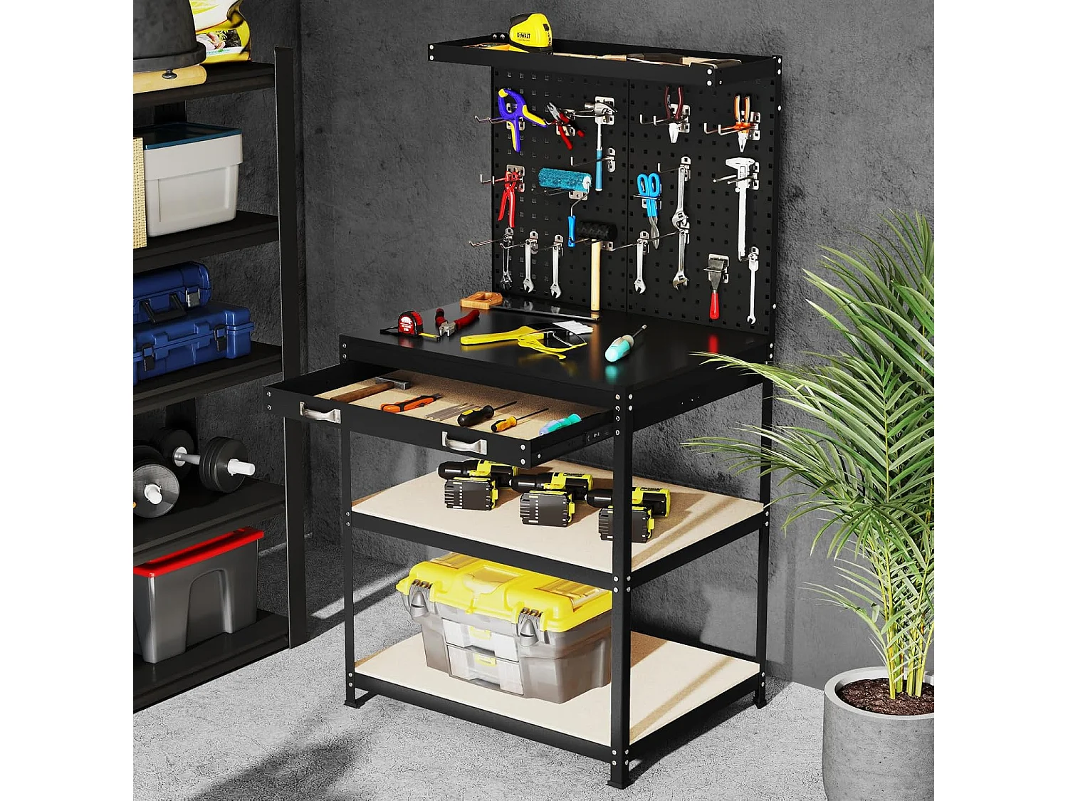 Werkbank voor garagewerkplaats met planken en lades, 2 prikborden, metalen frame, werktafel met 20 ophanghaken, 81 x 41 x 156 cm (zwart)