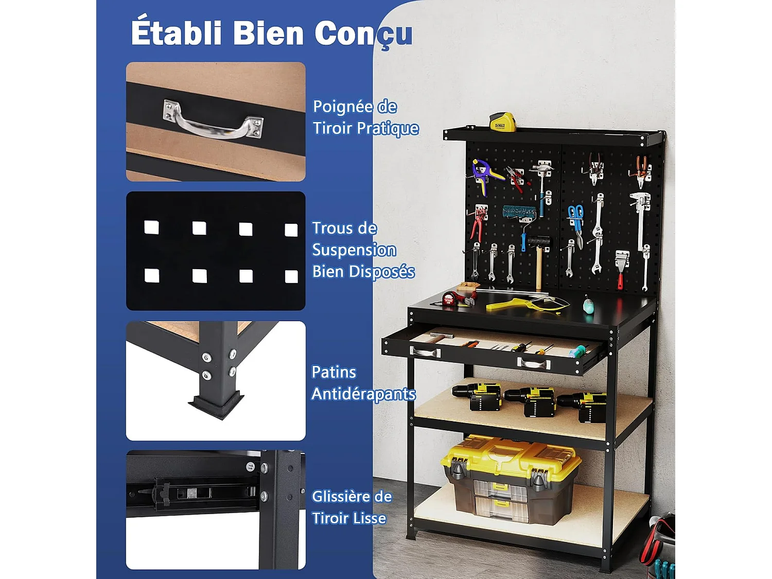 Werkbank voor garagewerkplaats met planken en lades, 2 prikborden, metalen frame, werktafel met 20 ophanghaken, 81 x 41 x 156 cm (zwart)