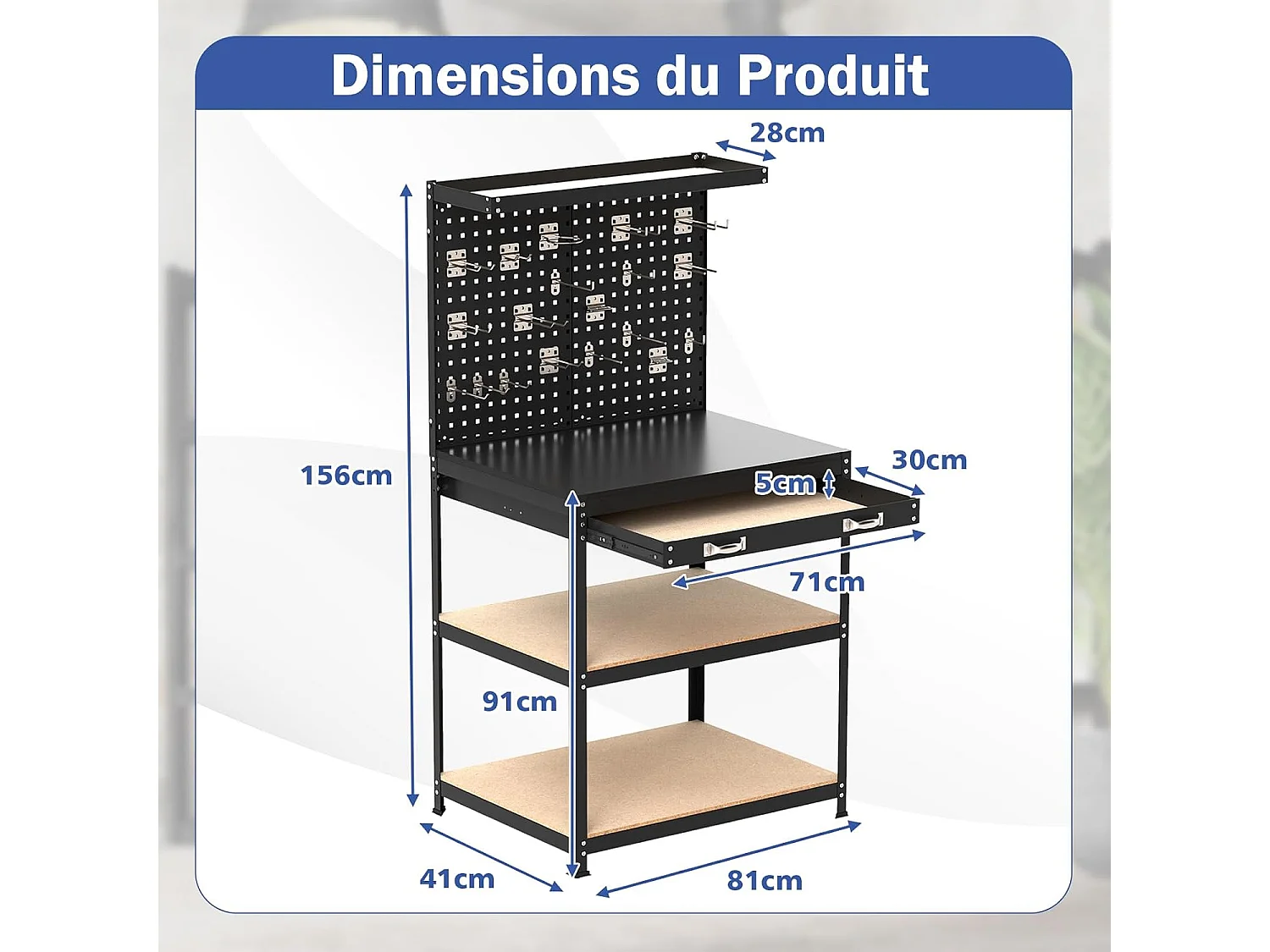 Werkbank voor garagewerkplaats met planken en lades, 2 prikborden, metalen frame, werktafel met 20 ophanghaken, 81 x 41 x 156 cm (zwart)