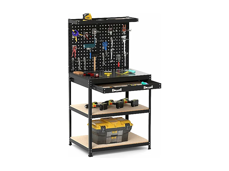 Établi Atelier Garage avec Étagères et Tiroirs 2 Panneaux Perforés, Table de Travail Cadre en Métal avec 20 Crochets de Suspension, 81 x 41 x 156 cm (Noir)