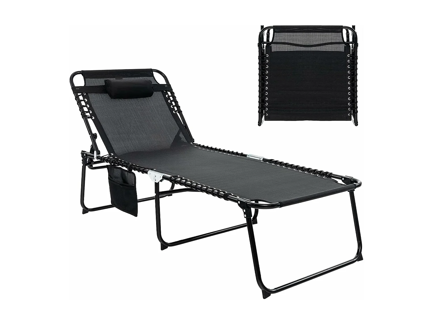 Chaise Longue Pliante, Bain de Soleil, Appuie-tête Amovible, Dossier Réglable à 4 Positions, Cadre en Acier, Transat Jardin, Charge 150 KG (188 x 69 cm,Noir)
