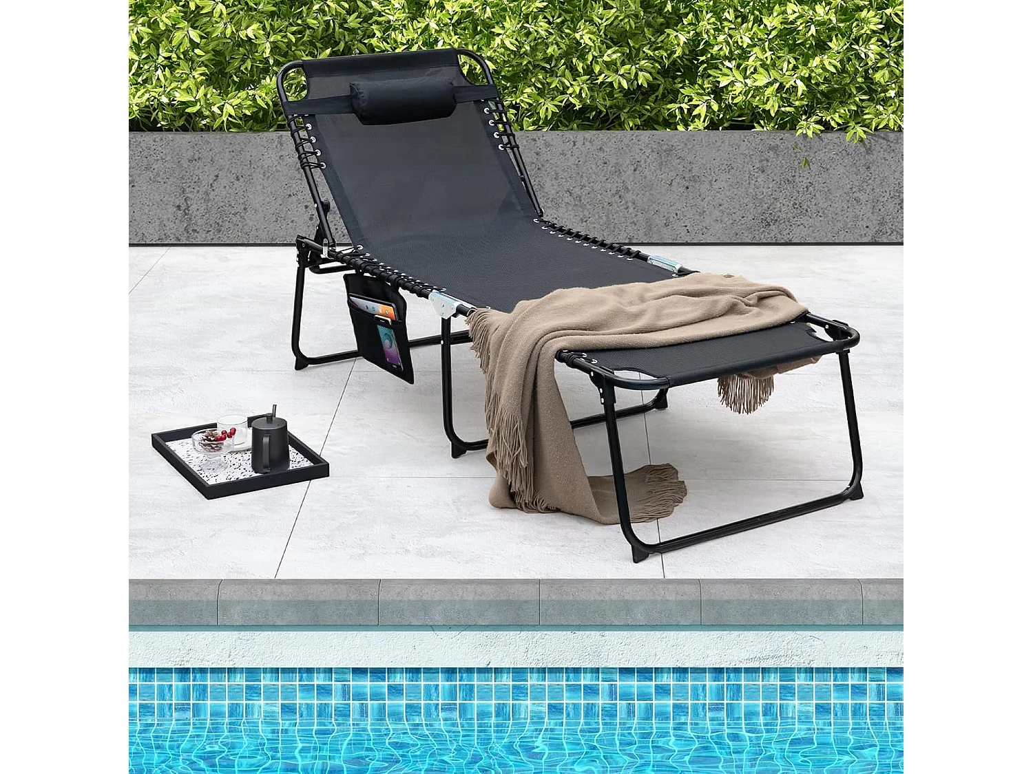 Chaise Longue Pliante, Bain de Soleil, Appuie-tête Amovible, Dossier Réglable à 4 Positions, Cadre en Acier, Transat Jardin, Charge 150 KG (188 x 69 cm,Noir)