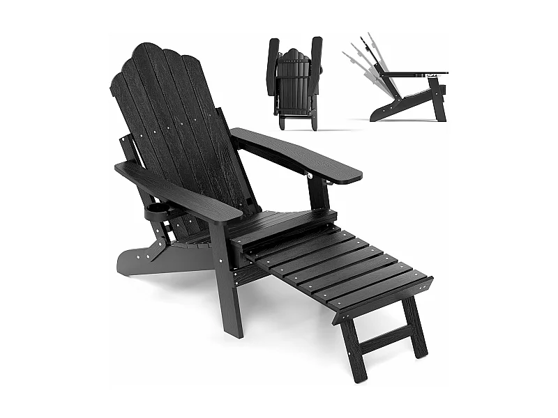 Tuinstoel, opvouwbare Adirondack stoel, intrekbare voetensteun, verstelbare rugleuning, bekerhouder, HIPS loungestoel, 119 × 78 cm, draagvermogen 180 kg, zwart