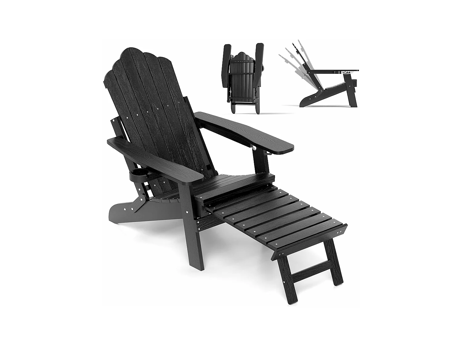 Fauteuil de Jardin, Chaise Adirondack Pliable, Repose-Pieds Rétractable, Dossier Réglable, Porte-gobelet, Chaise Longue HIPS, 119 × 78 cm, Charge 180 kg, Noir