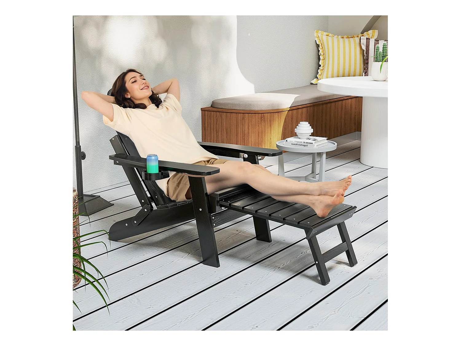 Fauteuil de Jardin, Chaise Adirondack Pliable, Repose-Pieds Rétractable, Dossier Réglable, Porte-gobelet, Chaise Longue HIPS, 119 × 78 cm, Charge 180 kg, Noir