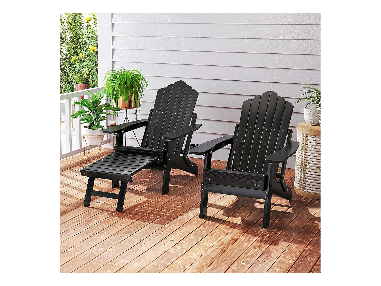 Fauteuil de Jardin, Chaise Adirondack Pliable, Repose-Pieds Rétractable, Dossier Réglable, Porte-gobelet, Chaise Longue HIPS, 119 × 78 cm, Charge 180 kg, Noir