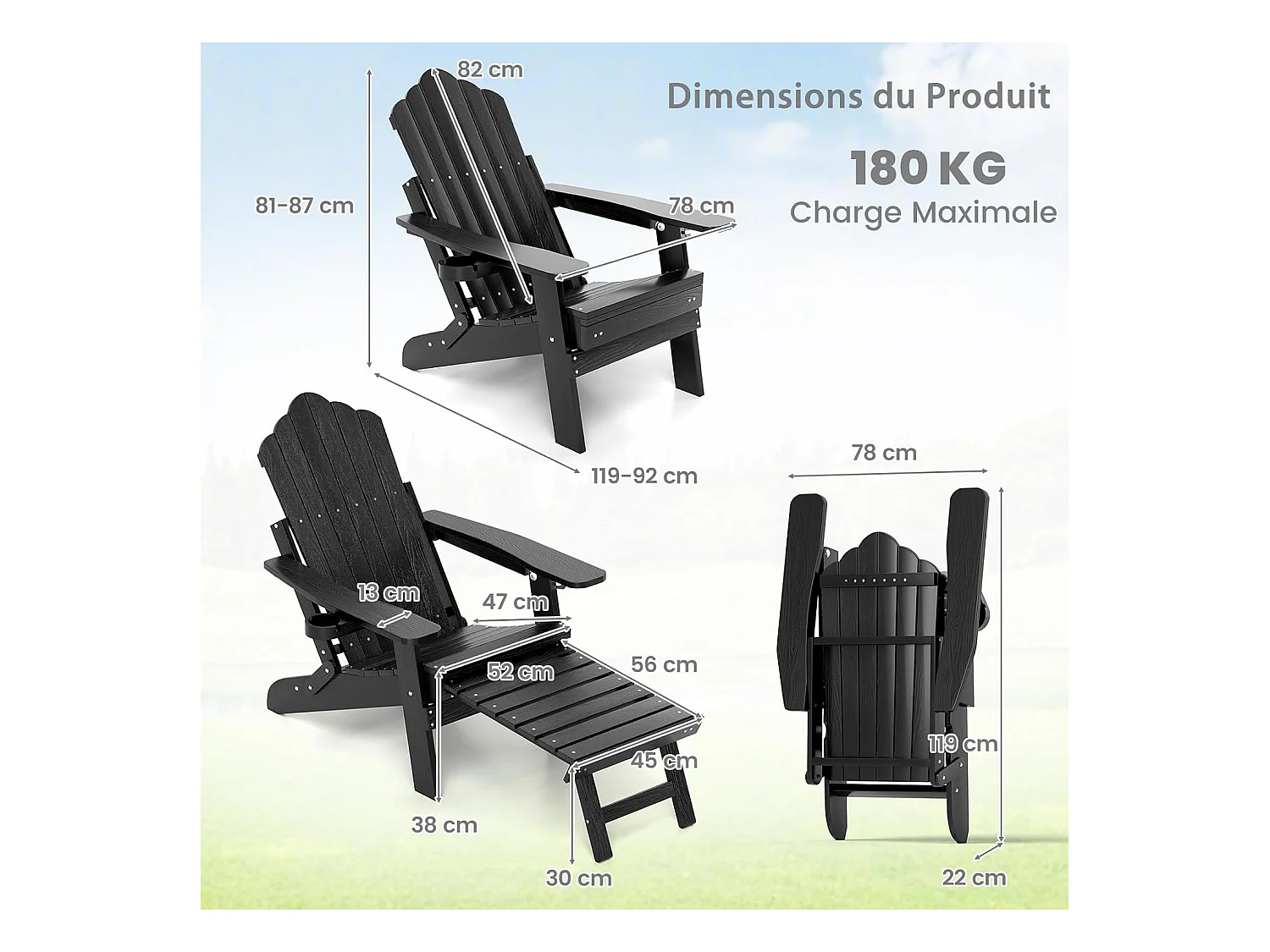 Fauteuil de Jardin, Chaise Adirondack Pliable, Repose-Pieds Rétractable, Dossier Réglable, Porte-gobelet, Chaise Longue HIPS, 119 × 78 cm, Charge 180 kg, Noir