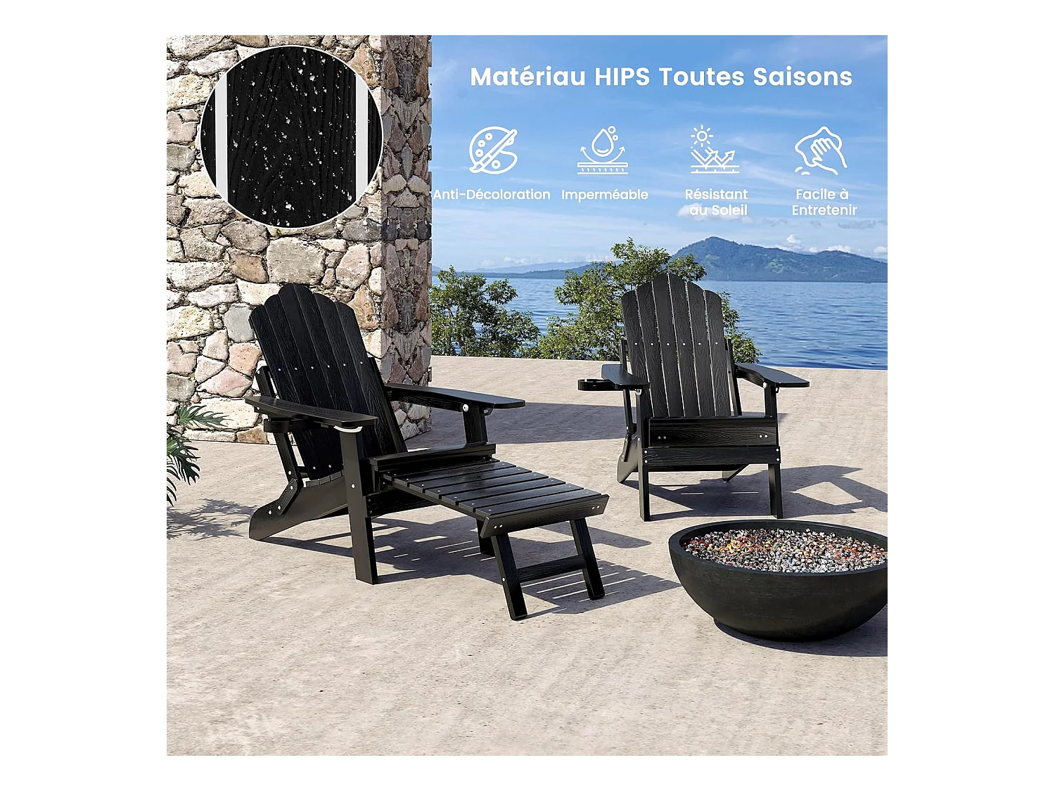 Fauteuil de Jardin, Chaise Adirondack Pliable, Repose-Pieds Rétractable, Dossier Réglable, Porte-gobelet, Chaise Longue HIPS, 119 × 78 cm, Charge 180 kg, Noir