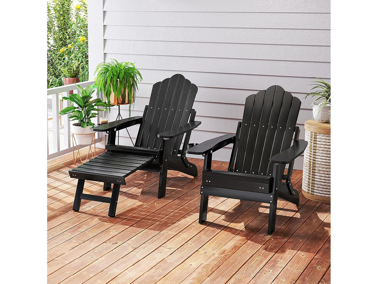 Fauteuil de Jardin, Chaise Adirondack Pliable, Repose-Pieds Rétractable, Dossier Réglable, Porte-gobelet, Chaise Longue HIPS, 119 × 78 cm, Charge 180 kg, Noir