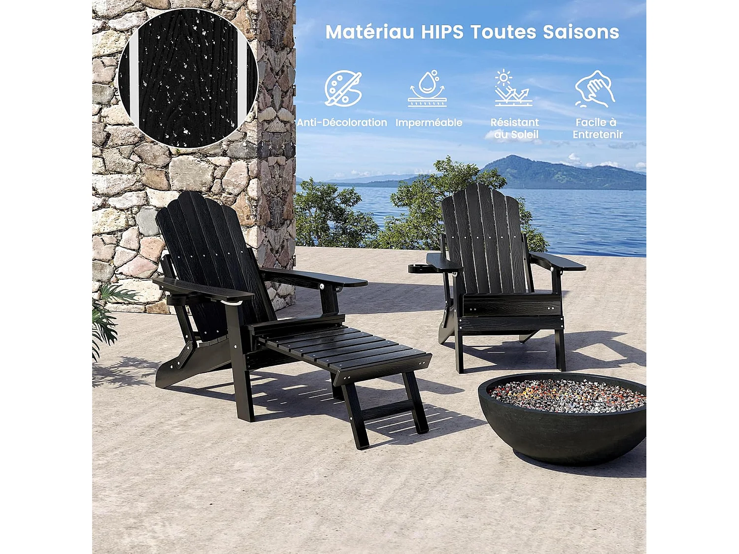Fauteuil de Jardin, Chaise Adirondack Pliable, Repose-Pieds Rétractable, Dossier Réglable, Porte-gobelet, Chaise Longue HIPS, 119 × 78 cm, Charge 180 kg, Noir