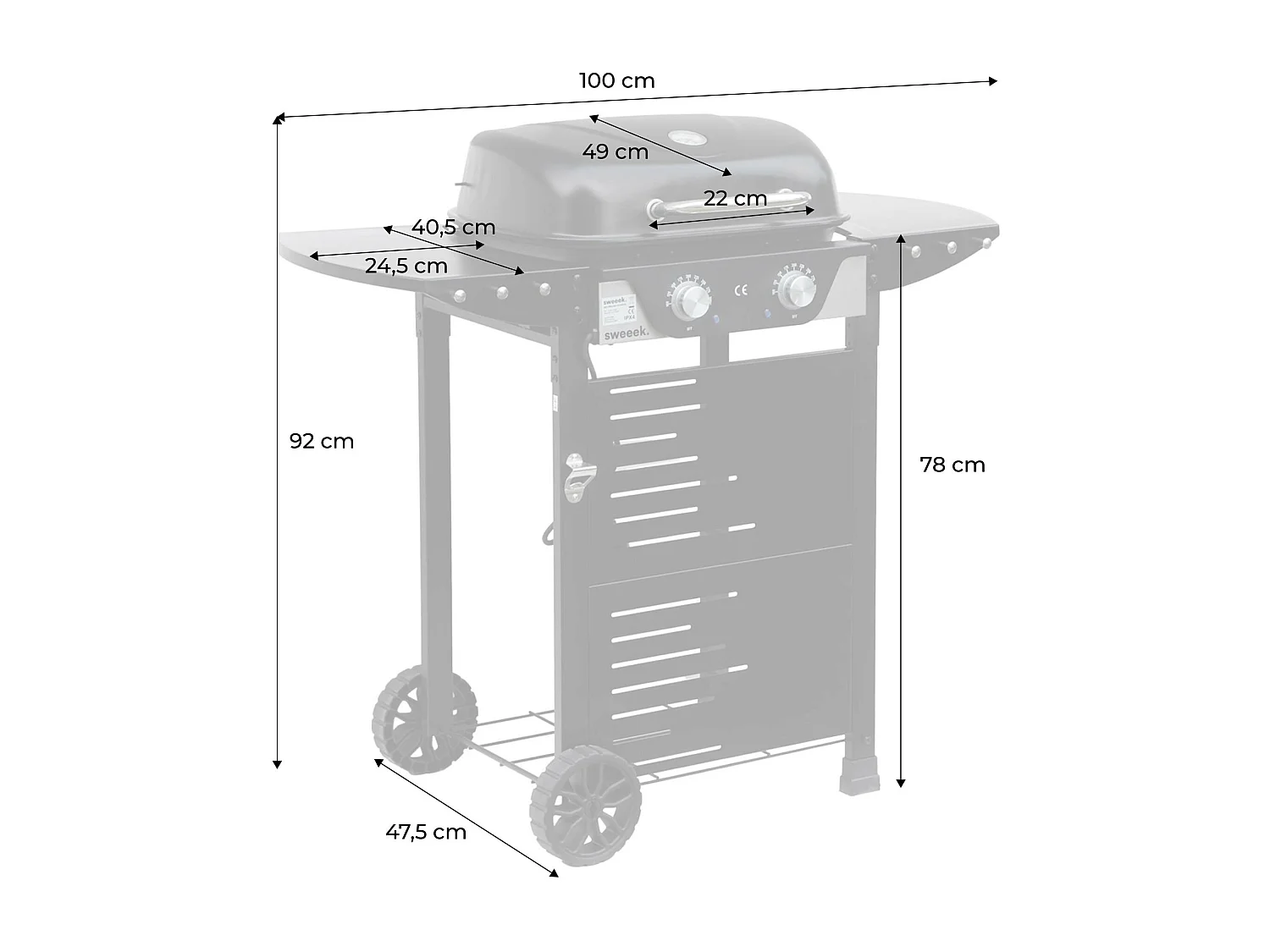 Barbecue électrique noir 2 brûleurs. acier émaillé 2300 W. L 100 x P 61 x H 121.5 cm