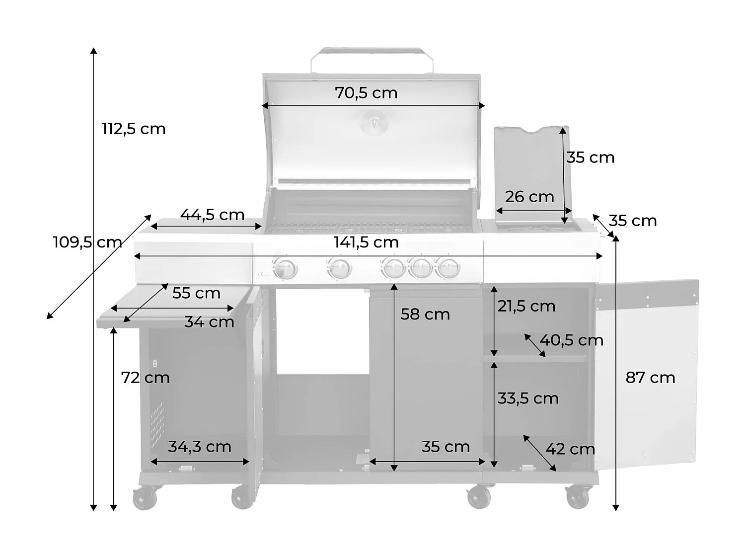 Barbecue gaz 4 brûleurs + 1 feu latéral MAXIM noir. Acier. thermomètre intégré. récupérateur de graisse. grille de chauffe. L 145.5 x P 61.5 x H 143.5cm