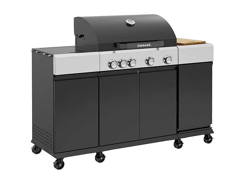 Barbecue gaz 4 brûleurs + 1 feu latéral MAXIM noir. Acier. thermomètre intégré. récupérateur de graisse. grille de chauffe. L 145.5 x P 61.5 x H 143.5cm