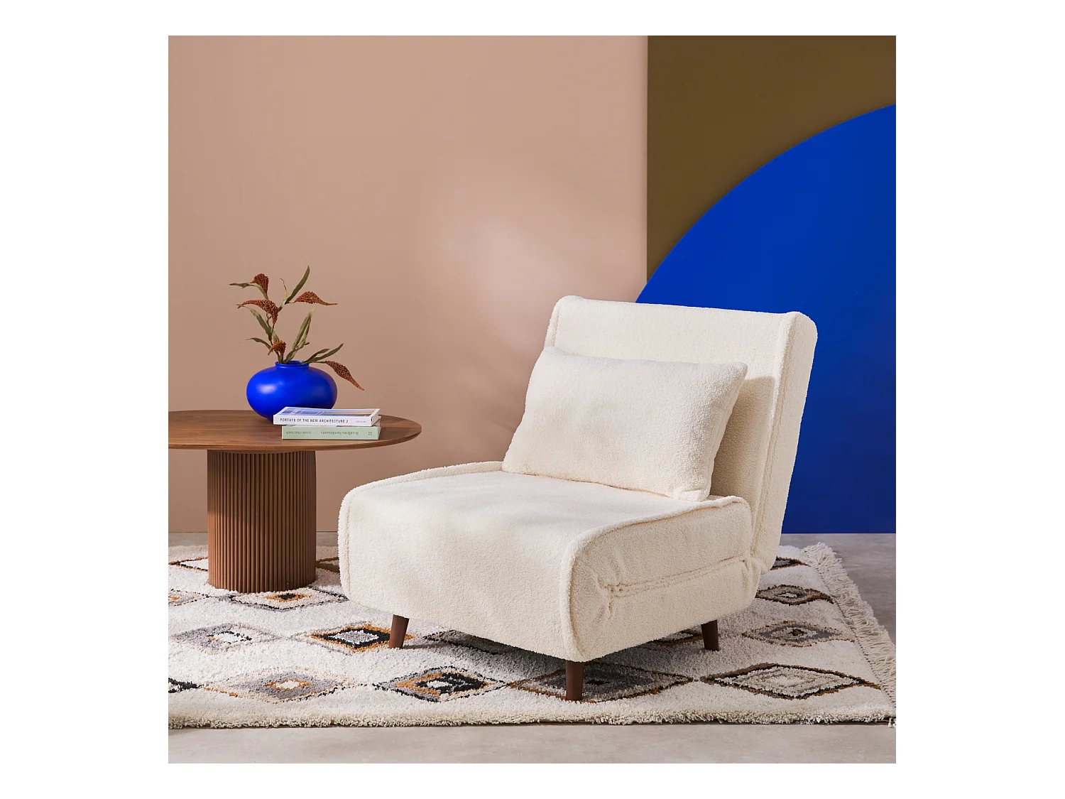 Chauffeuse convertible bouclette piétement bois 1 place crème Guest