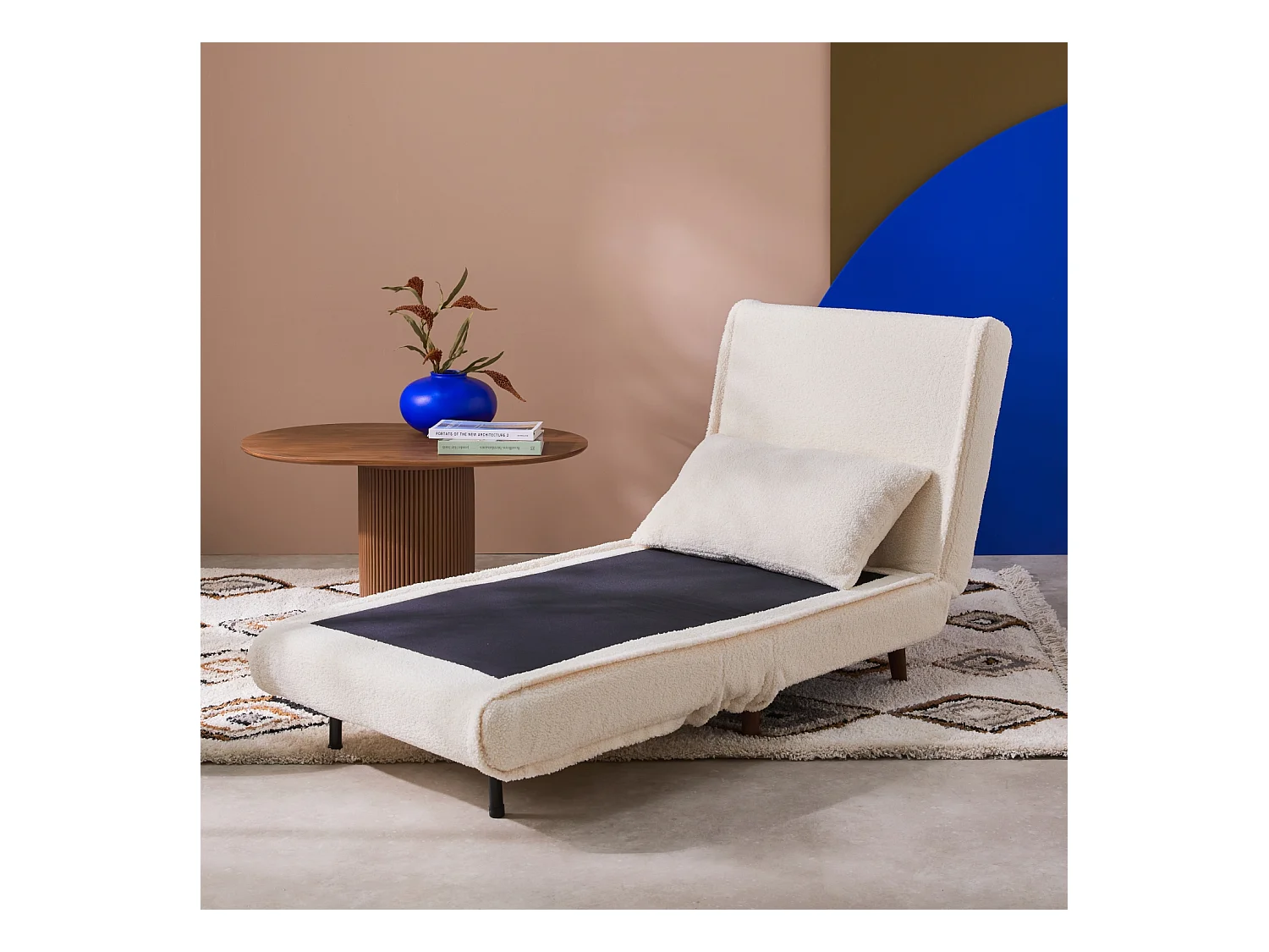 Chauffeuse convertible bouclette piétement bois 1 place crème Guest