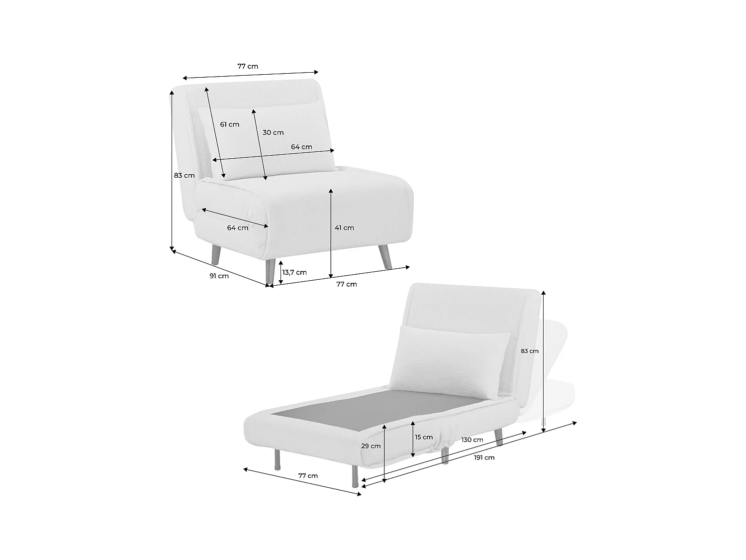 Chauffeuse convertible bouclette piétement bois 1 place crème Guest