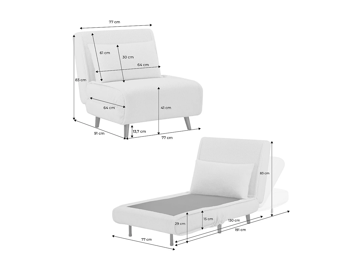 Chauffeuse convertible bouclette piétement bois 1 place crème Guest