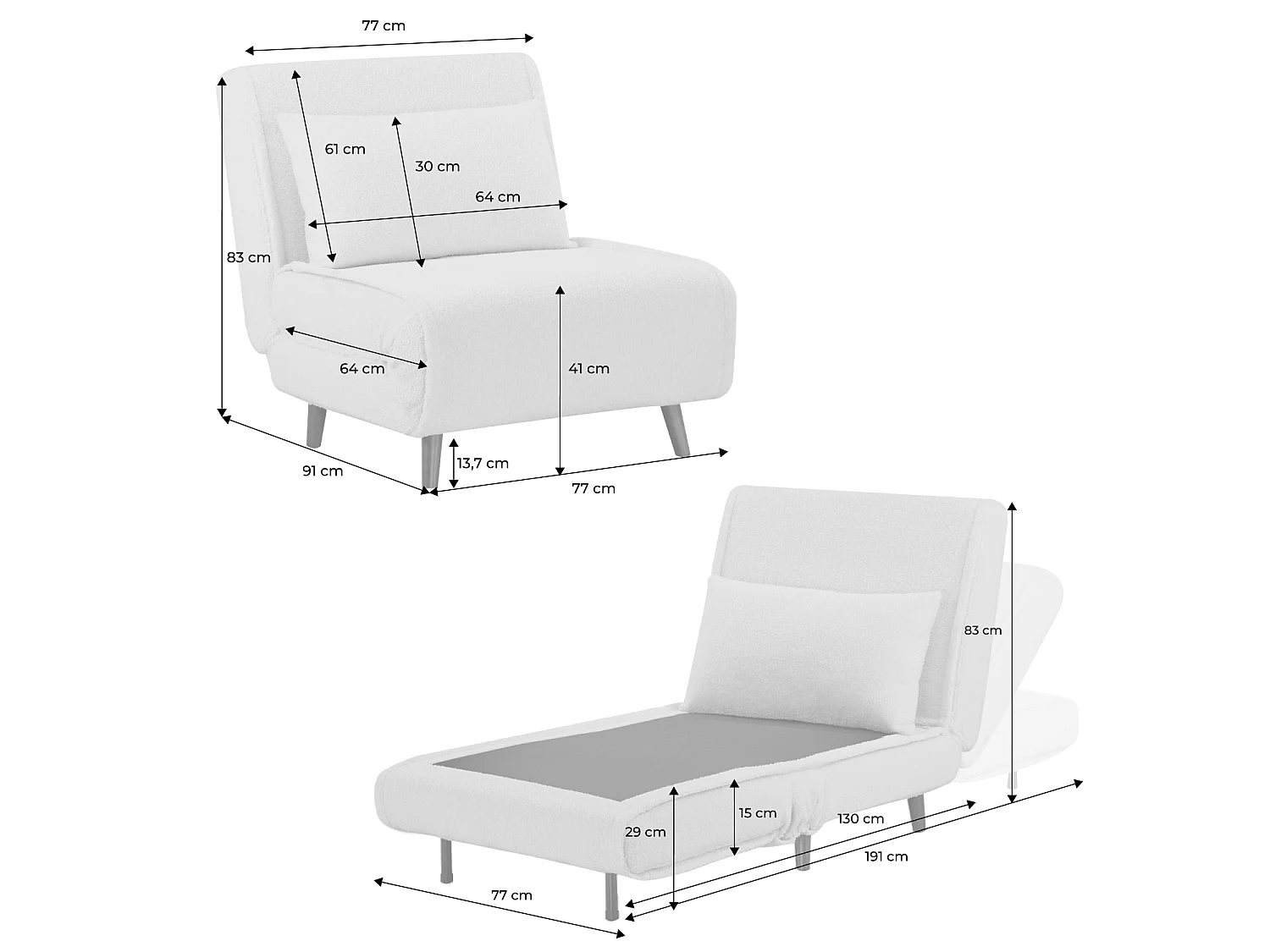 Poltrona letto bouclé con base in legno, Guest bouclé, Crema, 191x77x83 cm