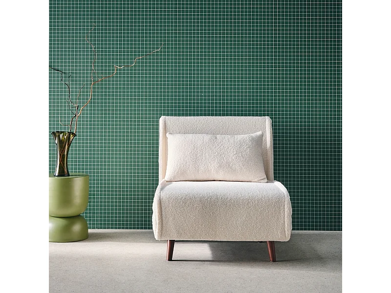 Sillón convertible borreguito base de madera, 1 plaza crema