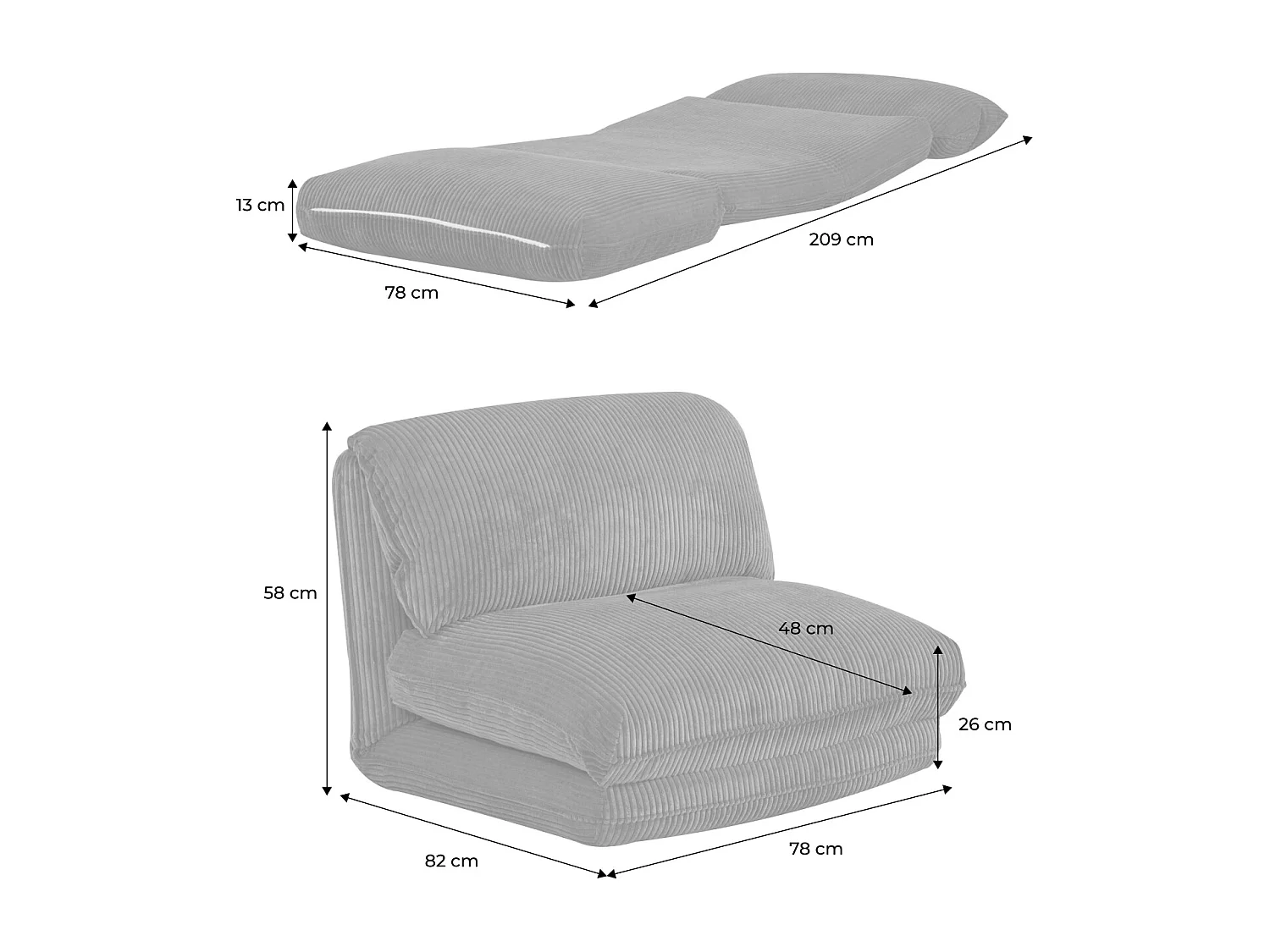 Chauffeuse matelas gris convertible velours côtelé grosse côte 1 place Cosy