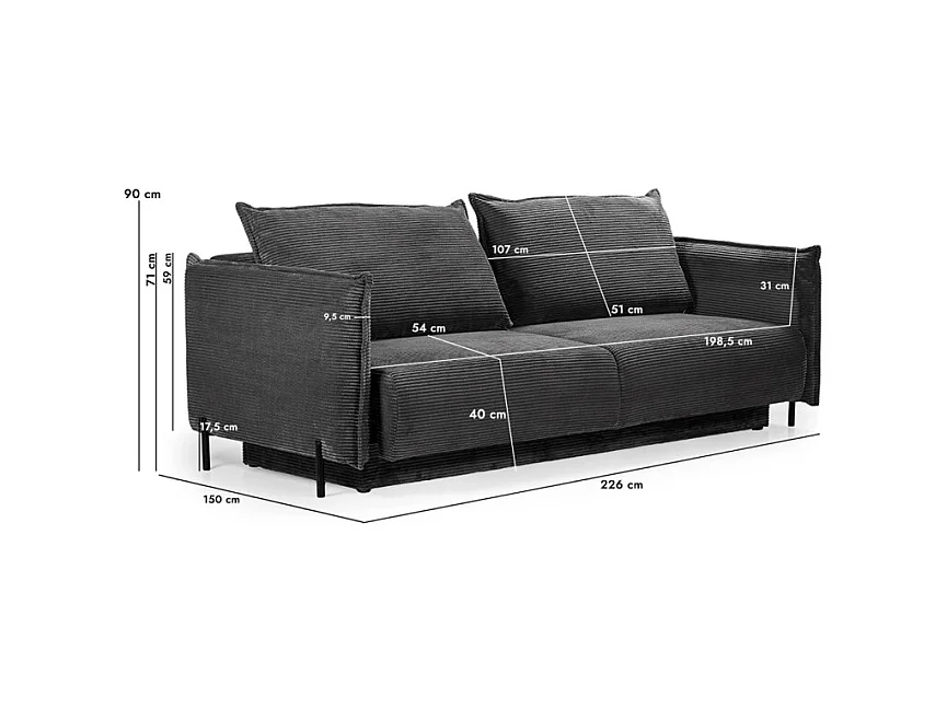 Canapé 3 places convertible velours côtelé gris anthracite – BEATRICE