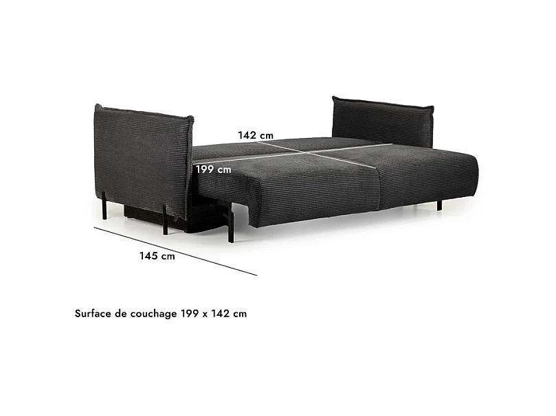 Canapé 3 places convertible velours côtelé gris anthracite – BEATRICE