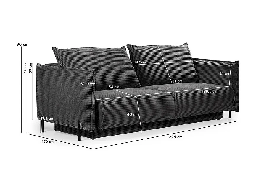 Canapé 3 places convertible velours côtelé gris anthracite – BEATRICE