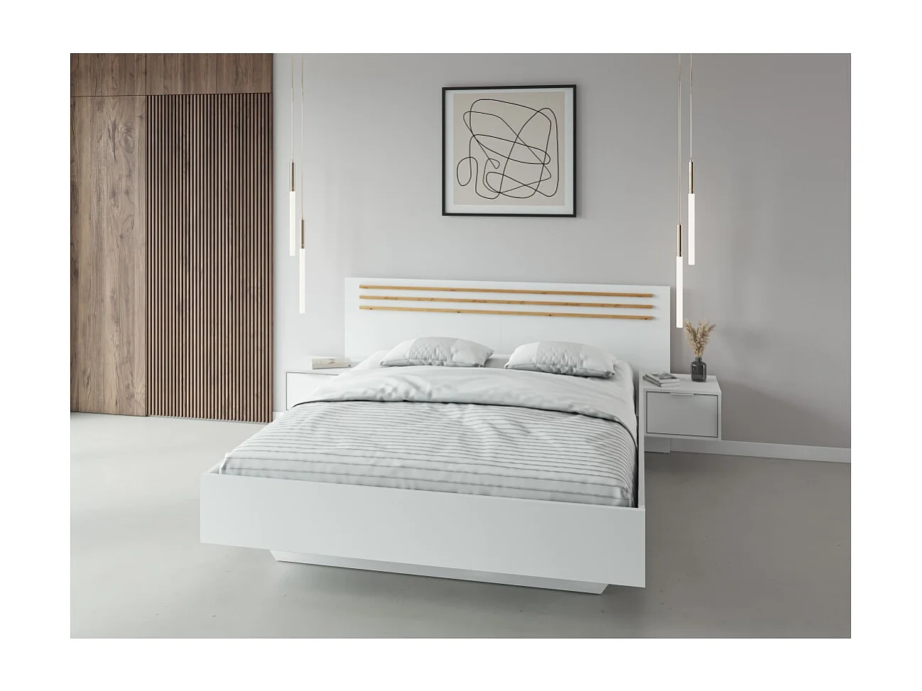 Cama FLORENCE – 180x200 cm – Blanca – Con dos mesitas de noche – Somier y cajones no incluidos