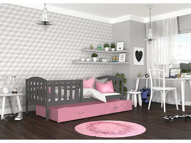 KINDERBETT mit Bettkasten Matratze Jacob 190x80 cm, grauer Korpus / rosa Schublade