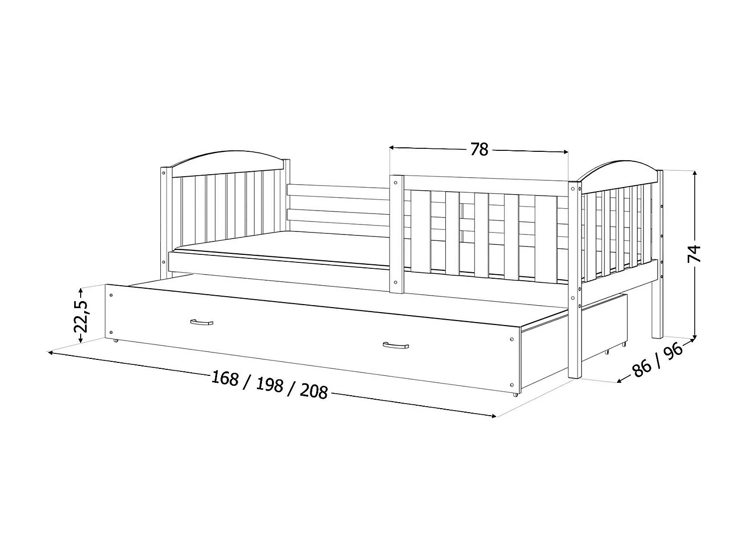 KINDERBETT mit Bettkasten Matratze Jacob 190x80 cm, grauer Korpus / rosa Schublade