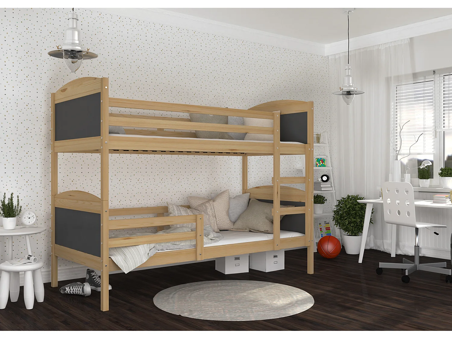 KINDERETAGENBETT Mateo 190x80 cm, Korpus Kiefer / Einsätze grau