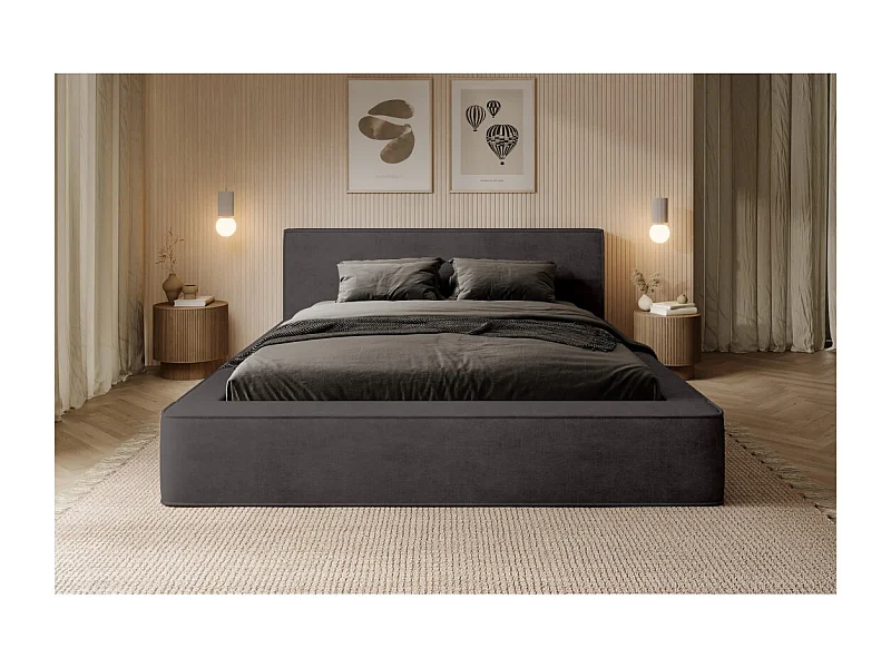Cama con canapé DENALI – Gris antracita – 140x200 cm – Tela terciopelo suave – Somier elevable – Almacenamiento integrado