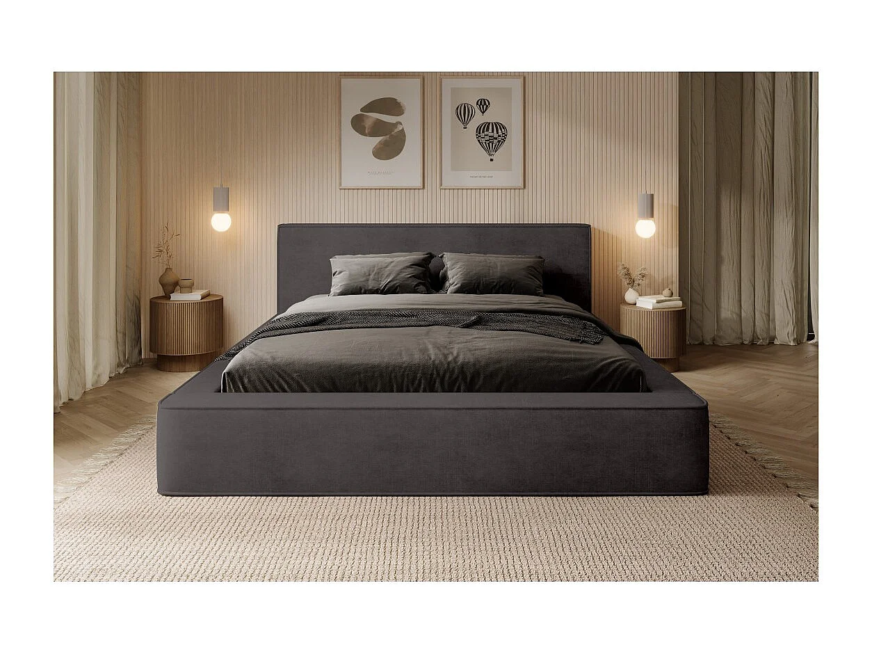 Cama con canapé DENALI – Gris antracita – 140x200 cm – Tela terciopelo suave – Somier elevable – Almacenamiento integrado