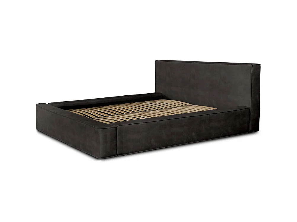 Cama con canapé DENALI – Gris antracita – 140x200 cm – Tela terciopelo suave – Somier elevable – Almacenamiento integrado