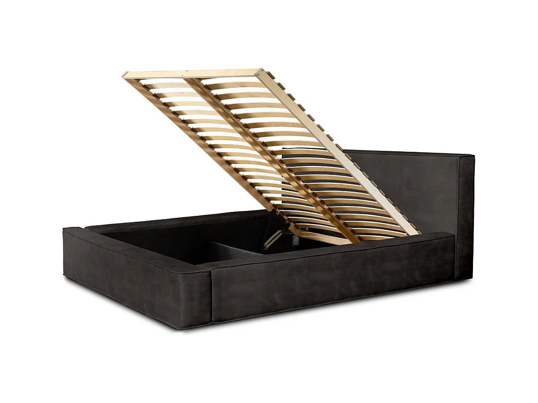 Cama con canapé DENALI – Gris antracita – 140x200 cm – Tela terciopelo suave – Somier elevable – Almacenamiento integrado