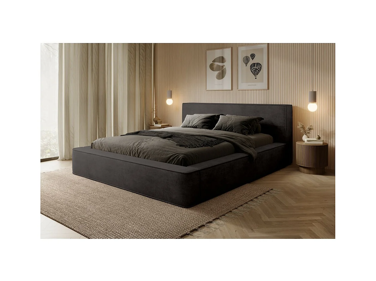 Cama con canapé DENALI – Gris antracita – 140x200 cm – Tela terciopelo suave – Somier elevable – Almacenamiento integrado