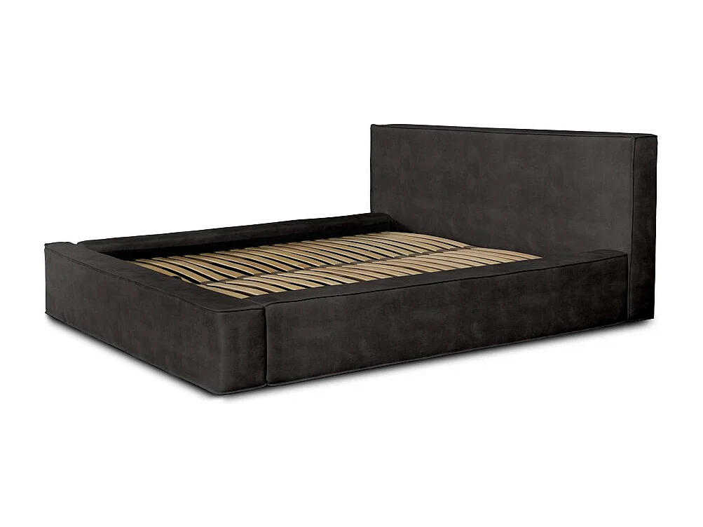 Lit coffre DENALI – Cinza antracite – 140x200 cm – Tecido veludo macio – Estrado elevatório – Armazenamento integrado